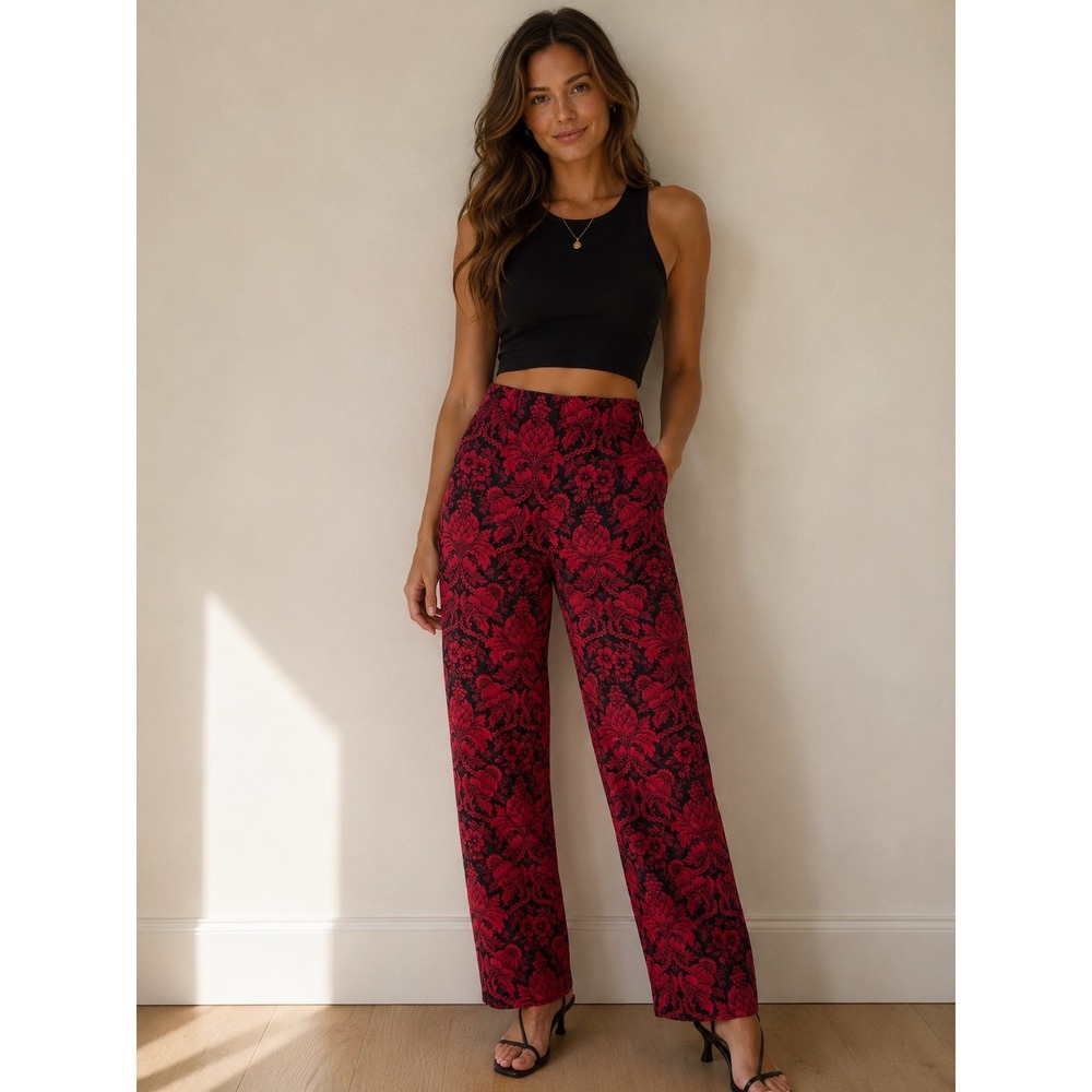 Talbots Petites Red Black Damask Floral Stretch Straight Leg Pants Size 10P